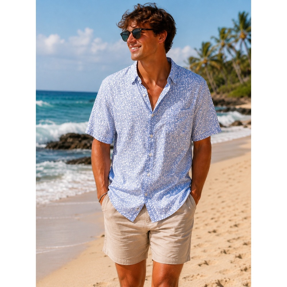 Report Collection Heritage Men's Linen Shirt sz XXL Blue Floral Beach Resort EUC